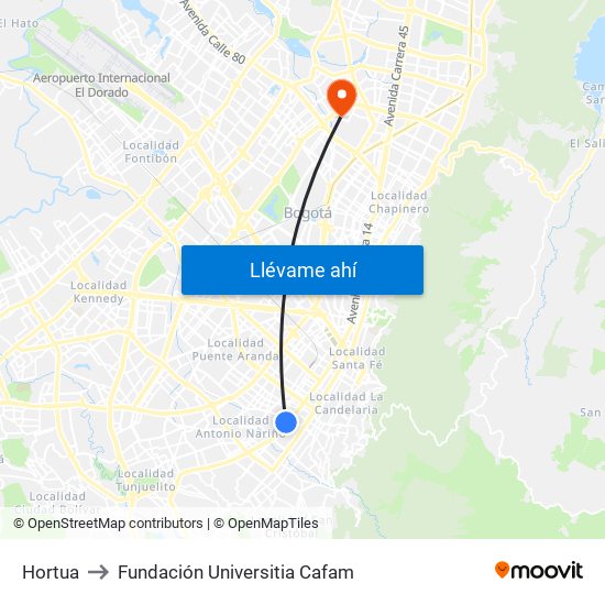 Hortua to Fundación Universitia Cafam map