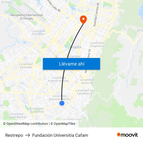 Restrepo to Fundación Universitia Cafam map