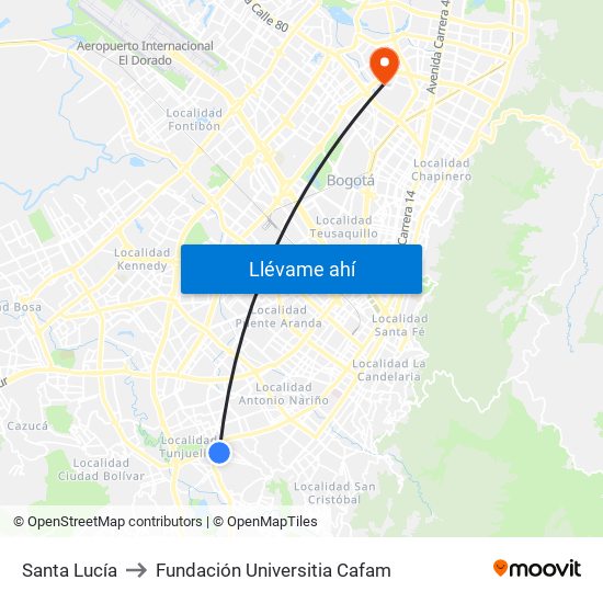 Santa Lucía to Fundación Universitia Cafam map