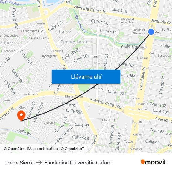 Pepe Sierra to Fundación Universitia Cafam map