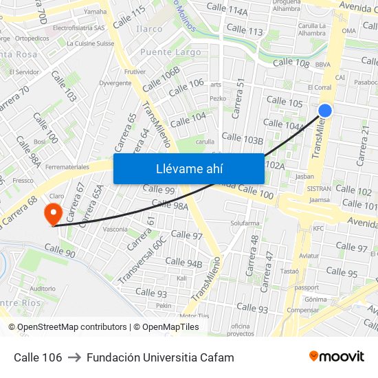 Calle 106 to Fundación Universitia Cafam map