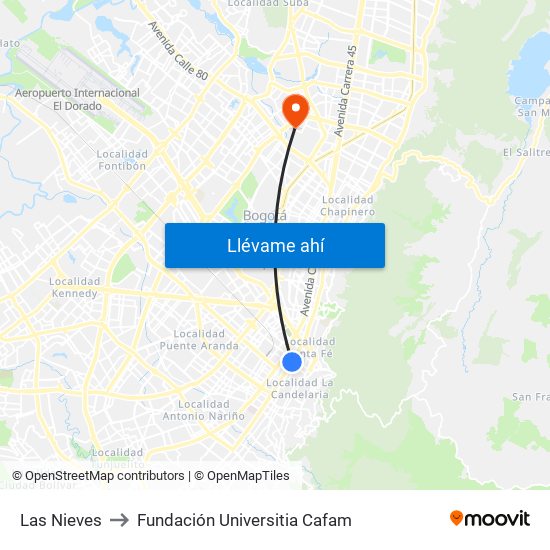 Las Nieves to Fundación Universitia Cafam map