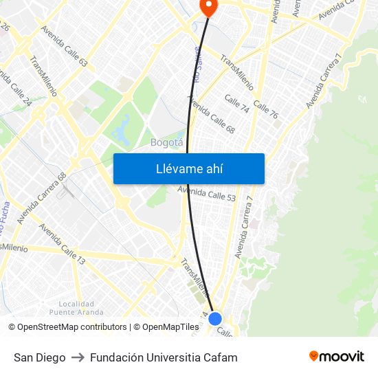 San Diego to Fundación Universitia Cafam map