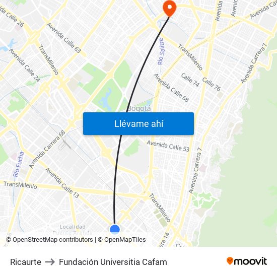 Ricaurte to Fundación Universitia Cafam map