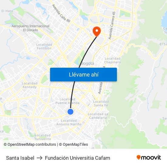 Santa Isabel to Fundación Universitia Cafam map