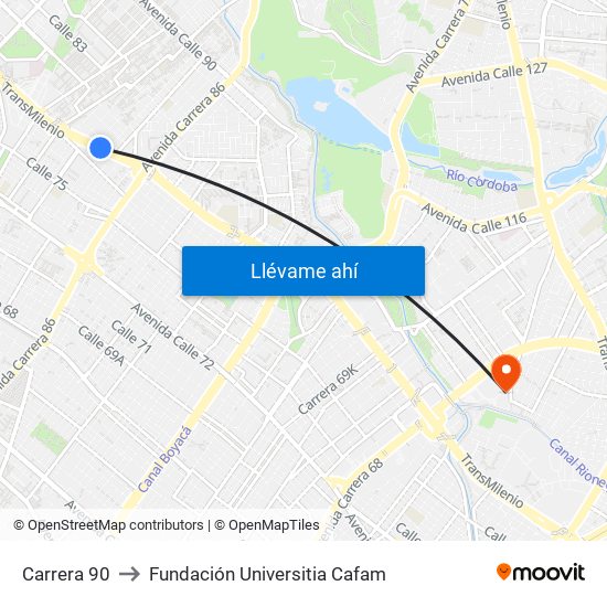 Carrera 90 to Fundación Universitia Cafam map