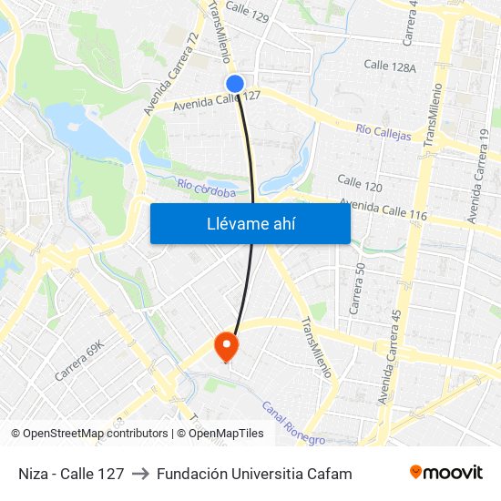 Niza - Calle 127 to Fundación Universitia Cafam map