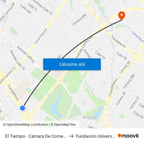 El Tiempo - Cámara De Comercio De Bogotá to Fundación Universitia Cafam map