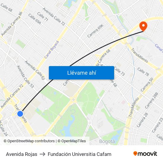 Avenida Rojas to Fundación Universitia Cafam map