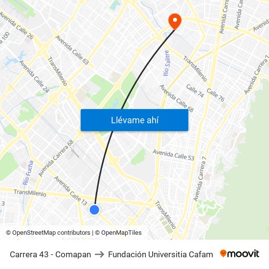 Carrera 43 - Comapan to Fundación Universitia Cafam map