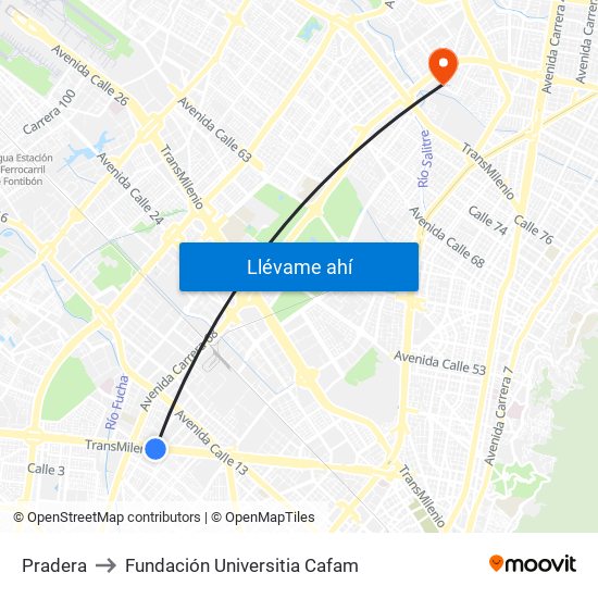 Pradera to Fundación Universitia Cafam map