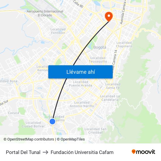 Portal Del Tunal to Fundación Universitia Cafam map