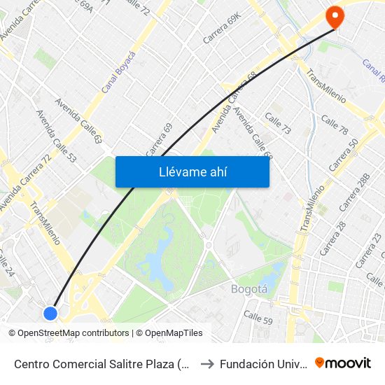 Centro Comercial Salitre Plaza (Av. La Esperanza - Kr 68a) to Fundación Universitia Cafam map