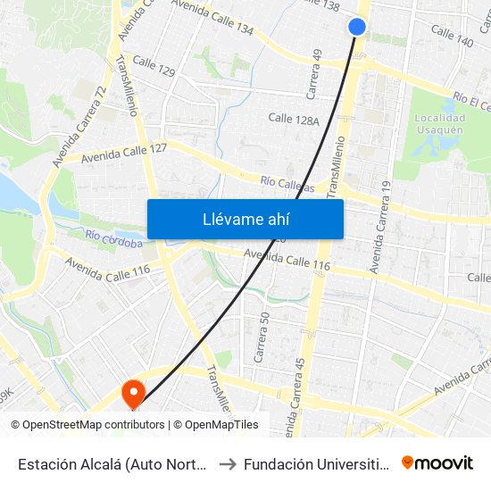 Estación Alcalá (Auto Norte - Cl 136) to Fundación Universitia Cafam map