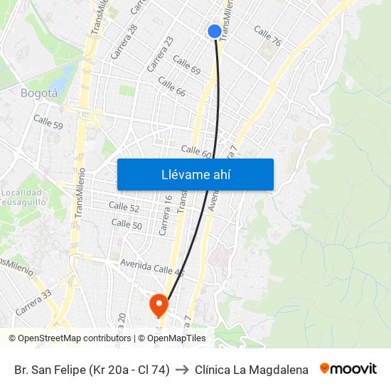 Br. San Felipe (Kr 20a - Cl 74) to Clínica La Magdalena map