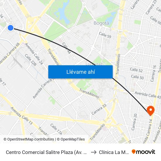 Centro Comercial Salitre Plaza (Av. La Esperanza - Kr 68b) to Clínica La Magdalena map