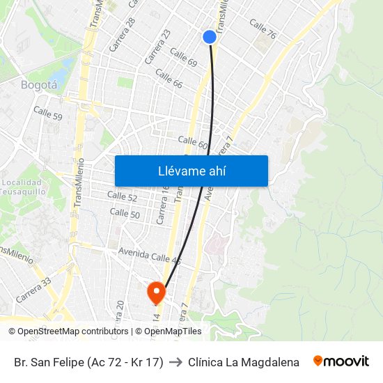 Br. San Felipe (Ac 72 - Kr 17) to Clínica La Magdalena map