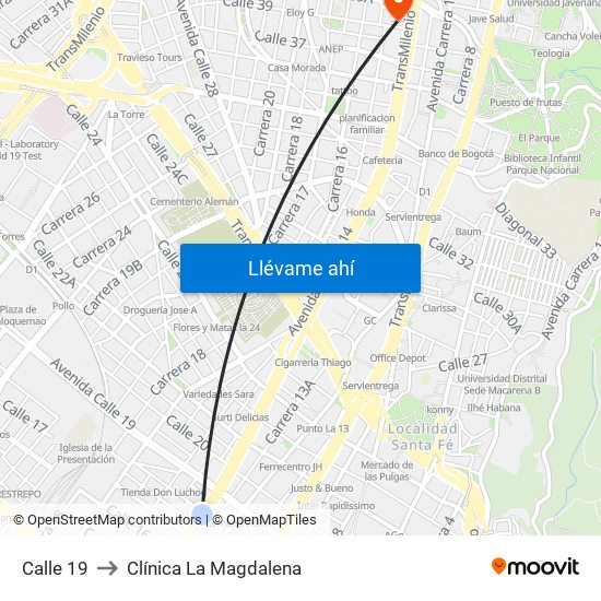 Calle 19 to Clínica La Magdalena map