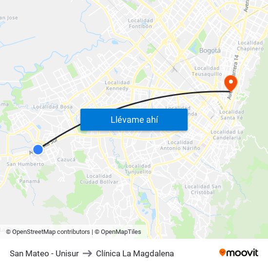 San Mateo - Unisur to Clínica La Magdalena map