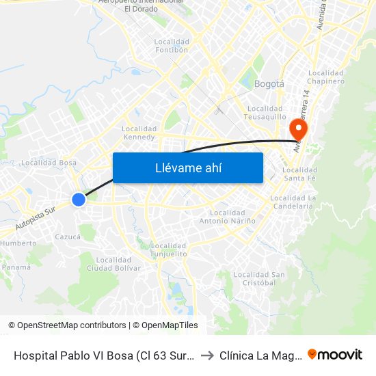 Hospital Pablo VI Bosa (Cl 63 Sur - Kr 77g) (A) to Clínica La Magdalena map