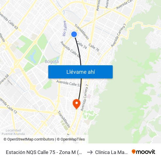 Estación NQS Calle 75 - Zona M (Av. NQS - Cl 75) to Clínica La Magdalena map