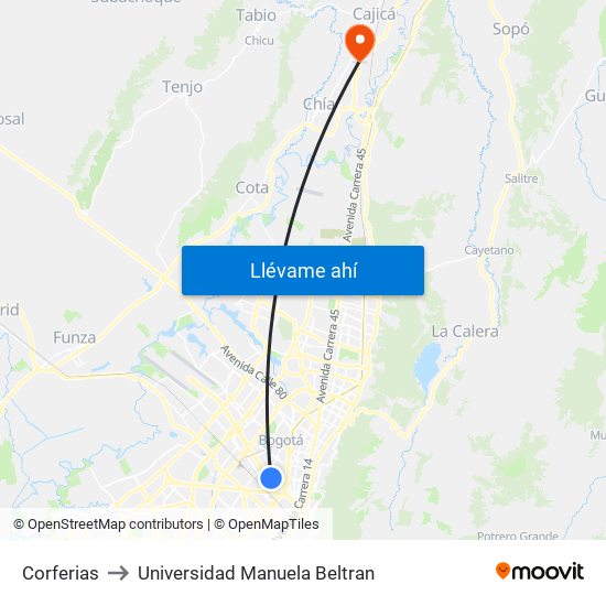 Corferias to Universidad Manuela Beltran map