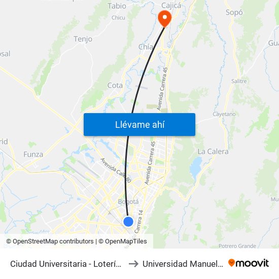 Ciudad Universitaria - Lotería De Bogotá to Universidad Manuela Beltran map