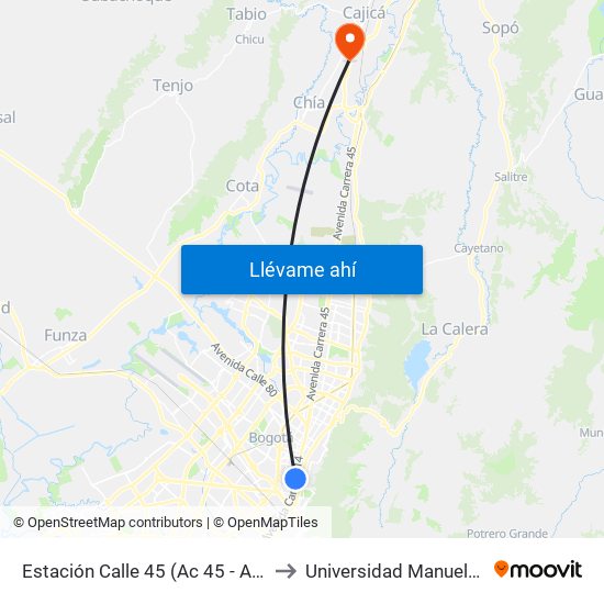 Estación Calle 45 (Ac 45 - Av. Caracas) to Universidad Manuela Beltran map