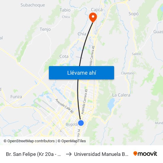 Br. San Felipe (Kr 20a - Cl 74) to Universidad Manuela Beltran map