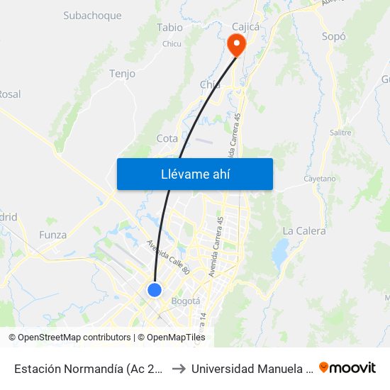 Estación Normandía (Ac 26 - Kr 74) to Universidad Manuela Beltran map