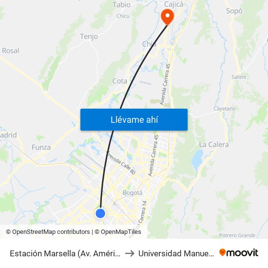 Estación Marsella (Av. Américas - Kr 69b) to Universidad Manuela Beltran map