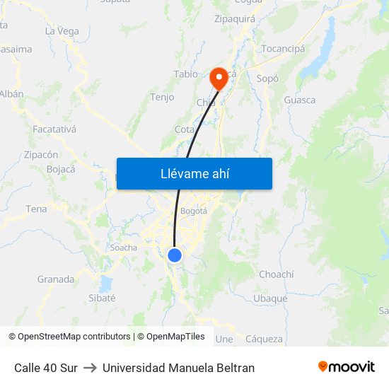Calle 40 Sur to Universidad Manuela Beltran map