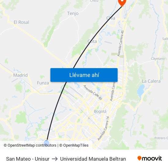 San Mateo - Unisur to Universidad Manuela Beltran map