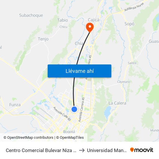 Centro Comercial Bulevar Niza (Ac 127 - Av. Suba) to Universidad Manuela Beltran map