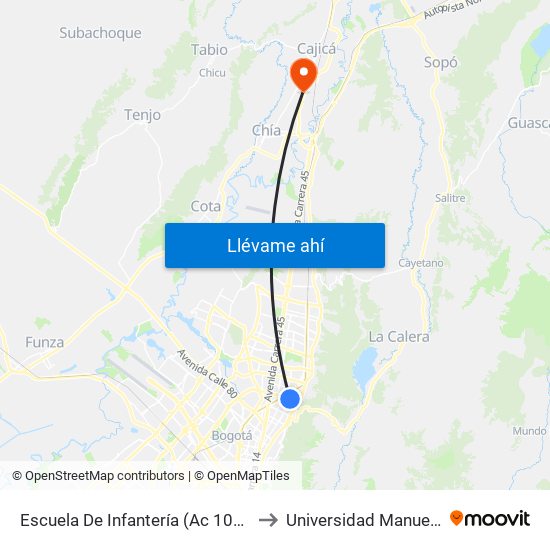 Escuela De Infantería (Ac 100 - Kr 11a) (B) to Universidad Manuela Beltran map