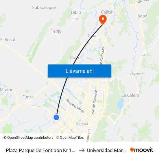 Plaza Parque De Fontibón Kr 100 (Kr 100 - Cl 17a) to Universidad Manuela Beltran map