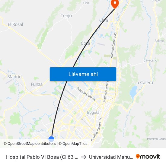 Hospital Pablo VI Bosa (Cl 63 Sur - Kr 77g) (A) to Universidad Manuela Beltran map