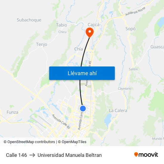 Calle 146 to Universidad Manuela Beltran map