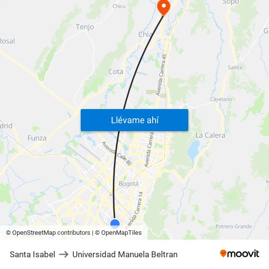 Santa Isabel to Universidad Manuela Beltran map