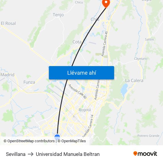 Sevillana to Universidad Manuela Beltran map