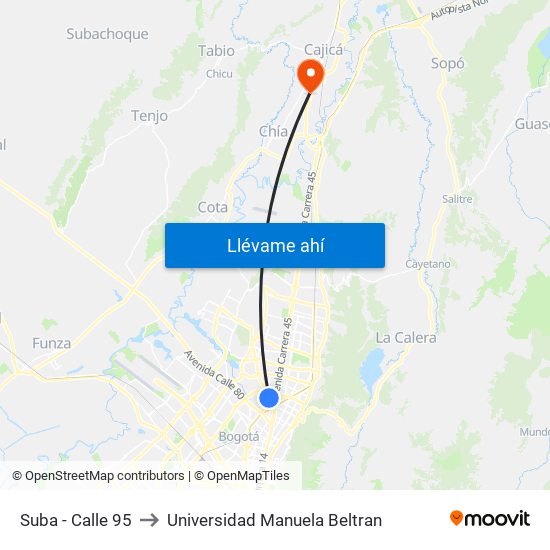 Suba - Calle 95 to Universidad Manuela Beltran map