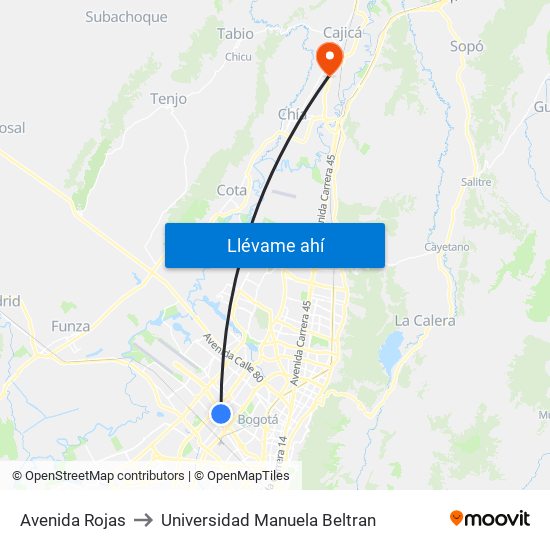Avenida Rojas to Universidad Manuela Beltran map