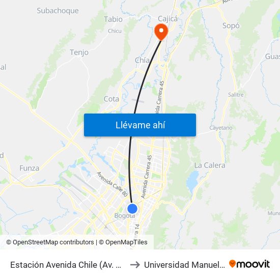 Estación Avenida Chile (Av. NQS - Cl 71c) to Universidad Manuela Beltran map