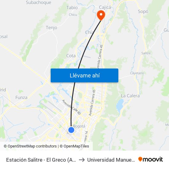 Estación Salitre - El Greco (Ac 26 - Ak 68) to Universidad Manuela Beltran map