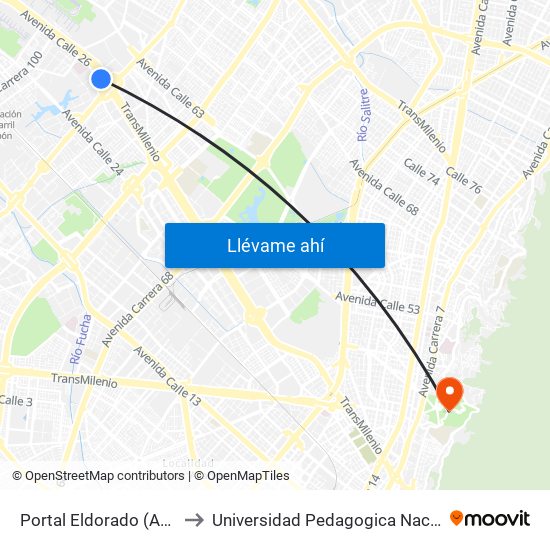 Portal Eldorado (Ac 26 - Av. C. De Cali) to Universidad Pedagogica Nacional Sede Parque Nacional map