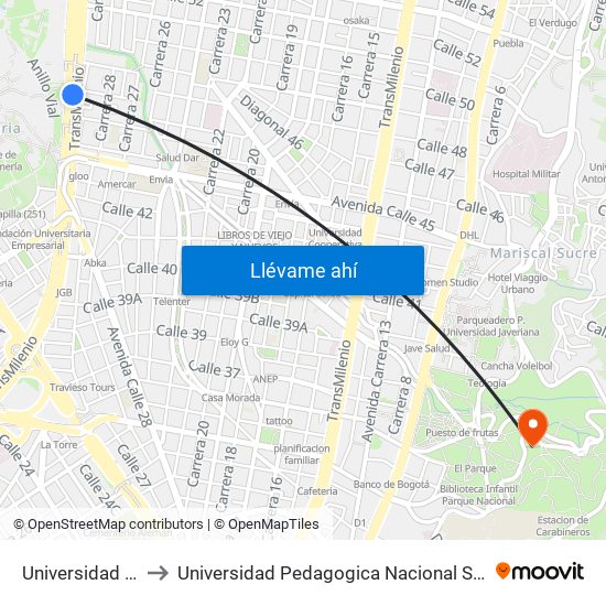 Universidad Nacional to Universidad Pedagogica Nacional Sede Parque Nacional map