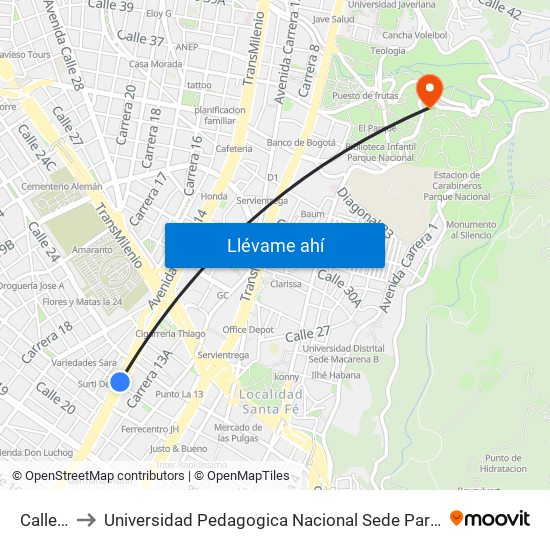 Calle 22 to Universidad Pedagogica Nacional Sede Parque Nacional map