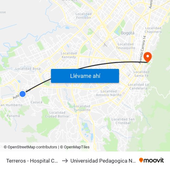 Terreros - Hospital Cardiovascular (Lado Sur) to Universidad Pedagogica Nacional Sede Parque Nacional map