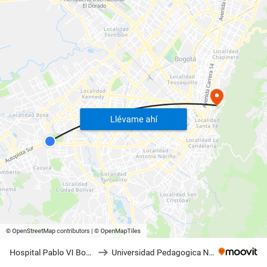 Hospital Pablo VI Bosa (Cl 63 Sur - Kr 77g) (A) to Universidad Pedagogica Nacional Sede Parque Nacional map