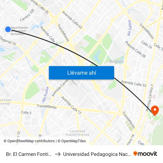 Br. El Carmen Fontibón (Cl 17 - Kr 100) to Universidad Pedagogica Nacional Sede Parque Nacional map